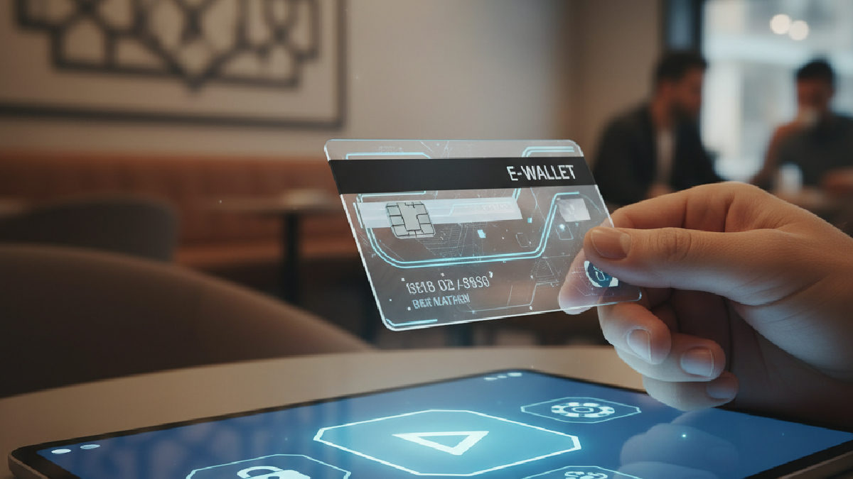 Bir tablet üzerinde kredi kartı ve e-cüzdan uygulamasıyla hızlı ve güvenli online ödeme işlemleri gösteriliyor.