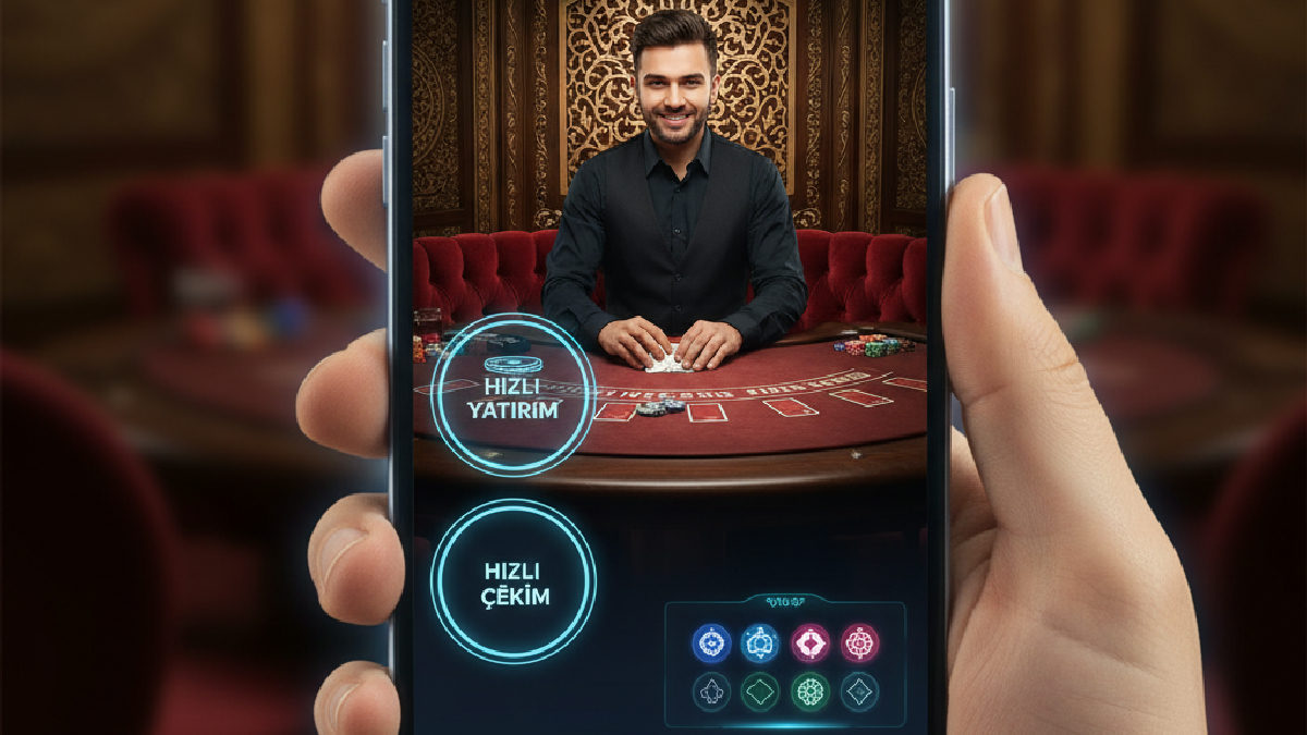 Akıllı telefon ekranında CasinoMaxi mobil uygulamasının canlı blackjack masası ve hızlı işlem butonları.