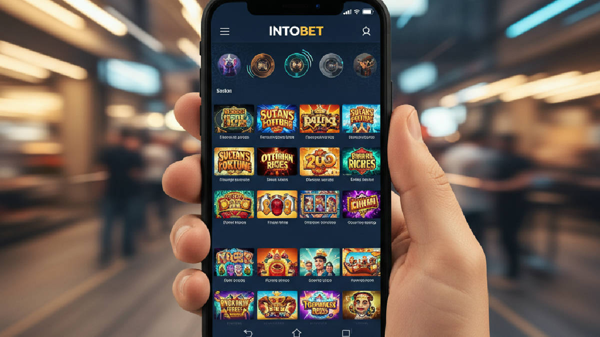 Akıllı telefon ekranında Intobet mobil uygulamasının casino slot oyunlarını gösteren görsel.