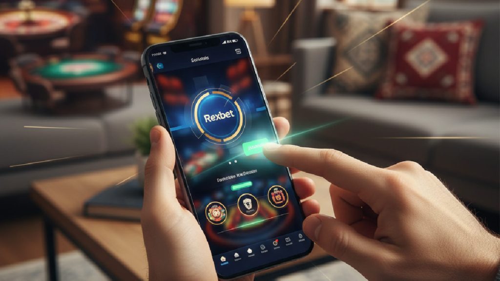 Bir kişinin mobil cihazında canlı bahis yaptığını gösteren dinamik bir görsel.