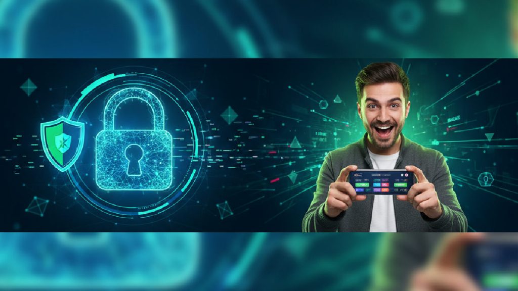 Dijital bir kilit sembolü ve akıllı telefonundan bahis oynayan bir kullanıcı, güvenli ve hızlı bir online deneyimi temsil ediyor.