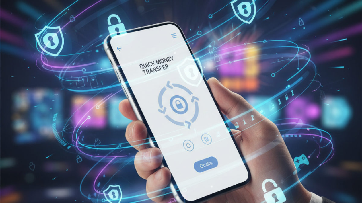 Bir akıllı telefon ekranında hızlı para transferi uygulamasını gösteren dinamik bir görsel.