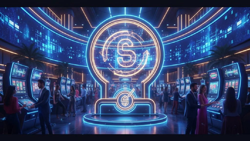 Discount Casino logosu ve çevresindeki neon ışıklarla dolu modern casino ortamı.