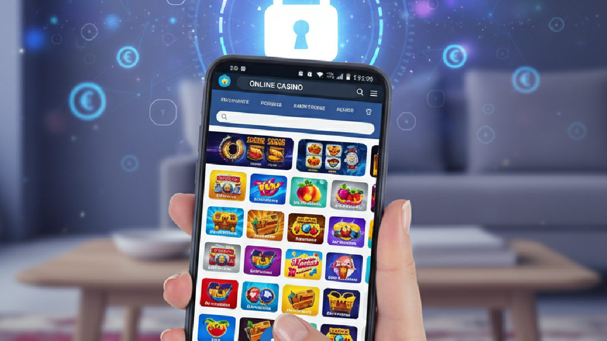 Akıllı telefon ekranında Discount Casino mobil sitesi ve güvenlik sembolleri.
