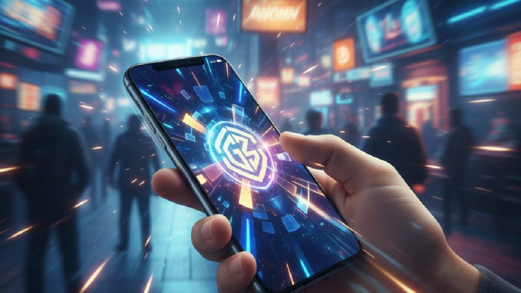 Akıllı telefon ekranında Genzobet logosu olan bir kişinin eli, odak dışı canlı kumarhane arka planı.